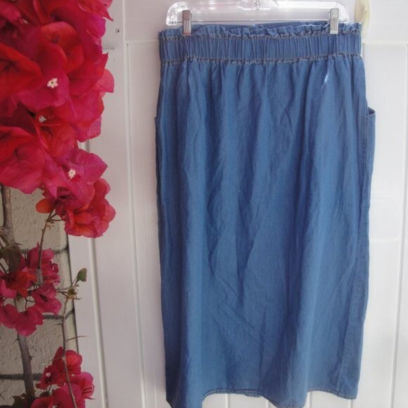 Anthropologie Skirt Women's Large Chambray Blue Cotton Button Down Front Preppy - Picture 6 of 10
